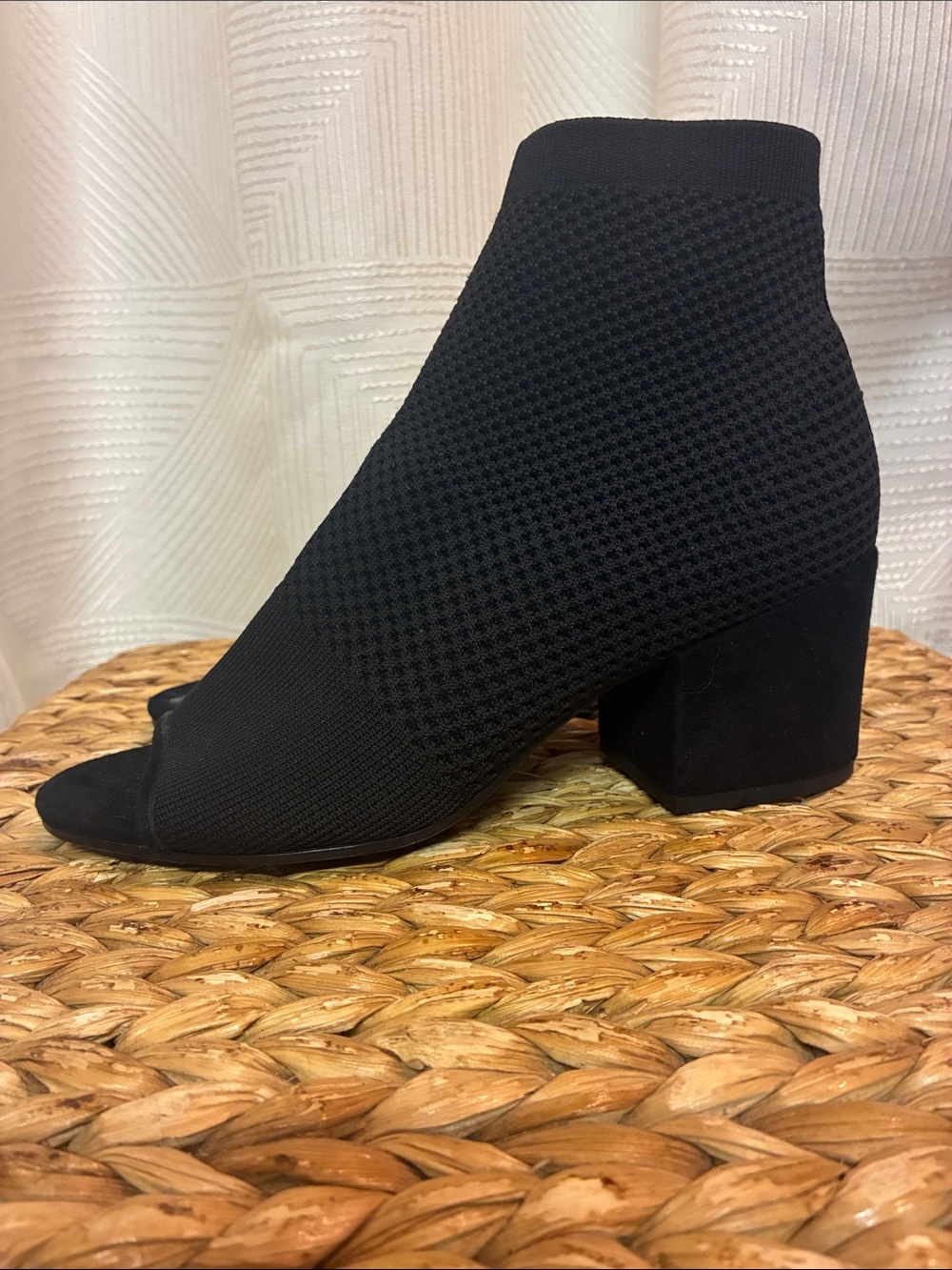 Eileen Fisher Croft Black Knit Peep-Toe Block Heel Bootie